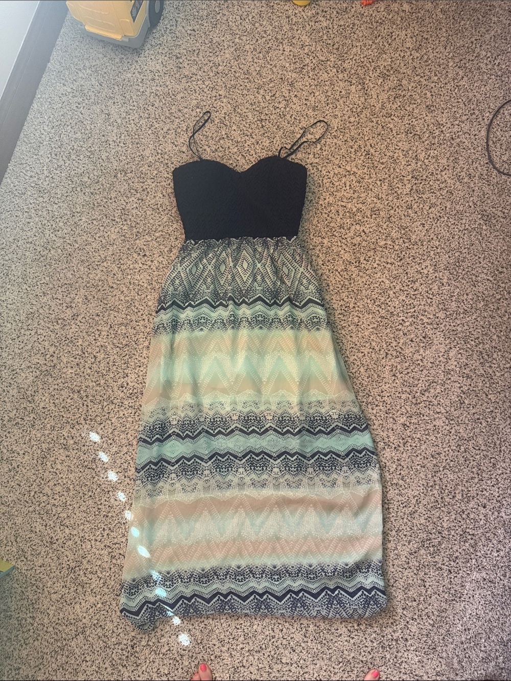 Strapless Black Bodice Maxi Dress with Chevron Print Skirt